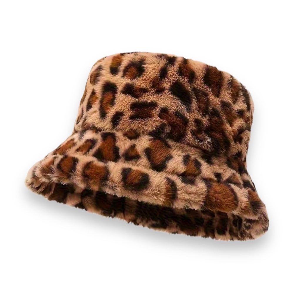 Faux Fur Leopard Print Bucket Hat Brown